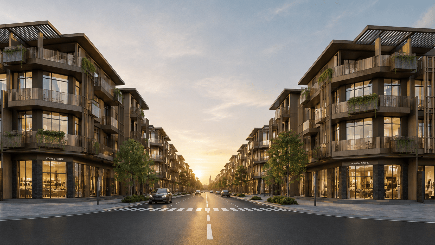 Phối cảnh tuyến phố shophouse thấp tầng dự án Xuân Mai BMT Gateway tại Buôn Ma Thuột lúc hoàng hôn
